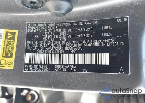 2016 Toyota Highlander Xle V6 z USA, uszkodzony, nr VIN 5TDJKRFH6GS329602